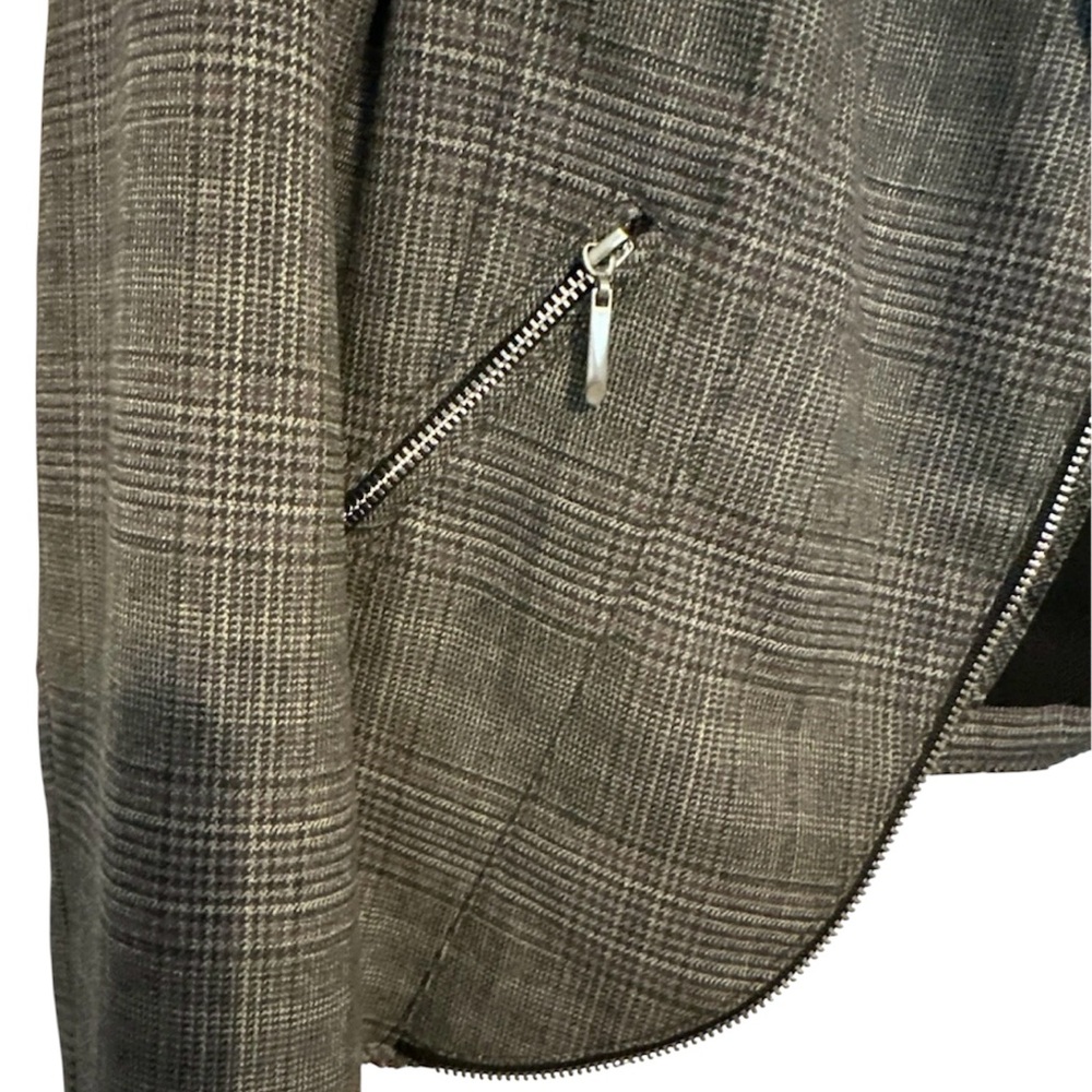 White House Black Market Moto Jacket Women Sz 8 Gray Merlot Plaid Cropped Lined - Picture 3 of 14